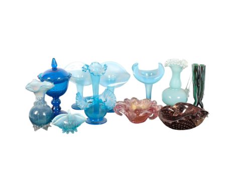 3 Vintage blue Jack in the Pulpit vaseline glass vases, tallest 17cm, Art glass dishes, Victorian basket, etc 