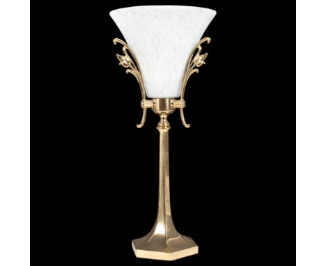 A modern Empire style brass table lamp with glass funnel shade, H51cm 