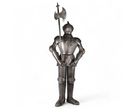 A modern tin free-standing knight in armour, accompanied by axe, H140cm 