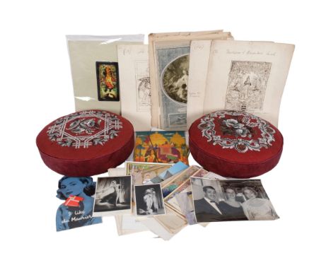 A pair of Victorian horse hair upholstered button stool cushions, with beadwork decorated floral tops, 35cm diameter, various