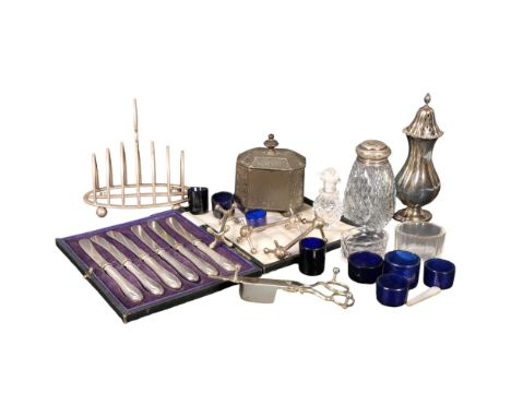 Various silver plated ware, including sugar caster, toast rack, silver-topped sugar sifter, pewter caddy, etc 
