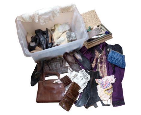 A quantity of Vintage clothing and accessories, including a crocodile skin handbag, various shoes, etc 
