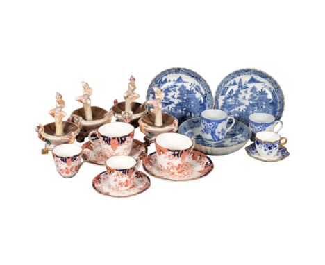 A set of 4 Worcester Pixie salts, Royal Crown Derby coffee cans and saucers, Chinese blue and white bowl, dishes, etc 