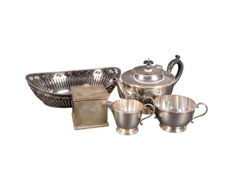 A 3-piece silver plated tea set, tea caddy and a fruit bowl 