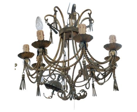 Vintage brass 8-branch chandelier, with rope twist swag decoration and tassel drops, 50cm across 