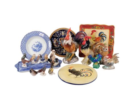 A group of various ceramics, including cockerel figures and plates, Goebel birds, blue and white sandwich plate, etc