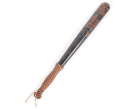 A Victorian ebonised and turned wood truncheon, with ribbed handle, partial paint remains, with gilded VR, L45.5cm 