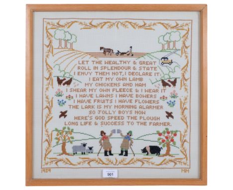 A Vintage sampler, dated 1989, and initialled MM, "Let the wealthy and great roll in splendour and state I envy them not I de