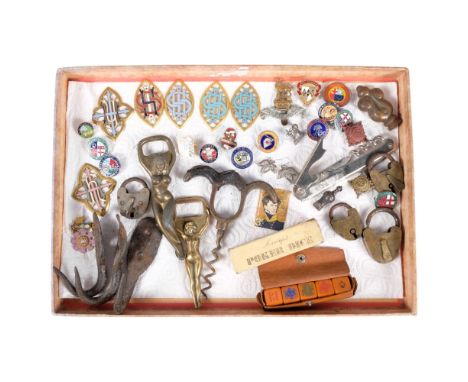 A selection of Vintage pin badges, including various railway and football related, various Antique brass padlocks, bottle ope