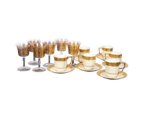 6 Vintage Royal Worcester coffee cups and saucers, in cream and white with gold patterned borders, and a set of 6 gilt decora