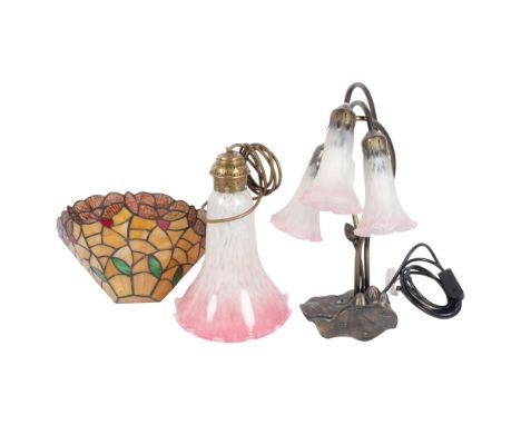 A Tiffany style 3-branch metal table lamp with lily design shades, H41cm, a pendant light fitting with mottled pink and white