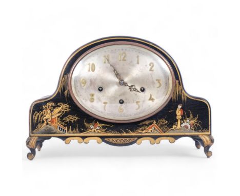An ebonised and chinoiserie decorated dome-top mantel clock, 8-day striking movement, complete with key and pendulum, W42cm 
