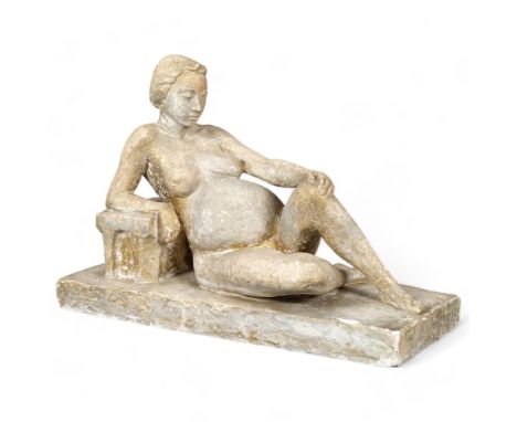 A Vintage plaster sculpture, depicting a reclining pregnant woman on plinth, L39cm 