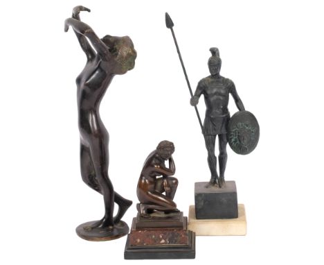 An Art Deco style bronze nude girl, 32cm, a bronze Newlyn figure on plinth, and a verdigris Classical warrior 