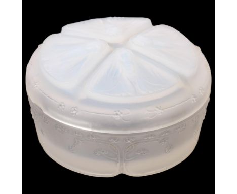 LALIQUE - a opalescent circular glass box and cover, lid having dragonfly decoration, box decorated with trees and floral flo