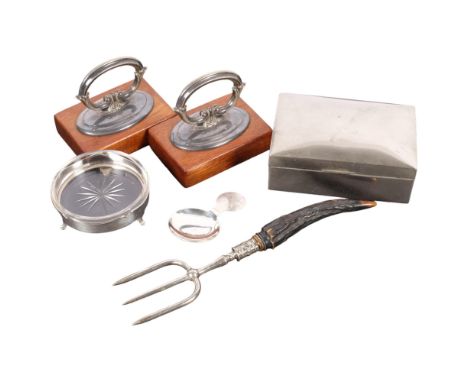 A glass butter dish with silver holder, a horn-handled fork, caddy spoon, cigarette box, etc 