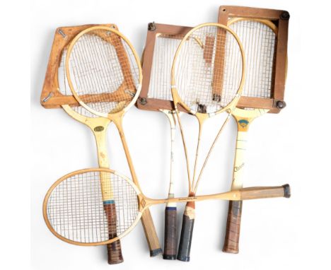 A collection of Vintage tennis and badminton rackets, makers include Atlas, Slazenger, Hazells Streamline, etc (6) 