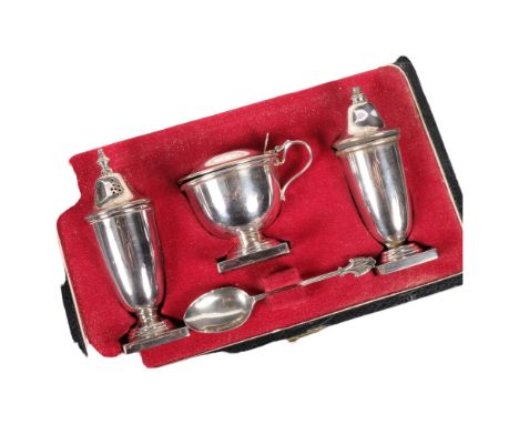An Elizabeth II 3-piece silver cruet set, and related silver spoon (1 cruet missing its finial), cased 