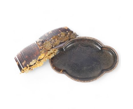 An Antique tortoiseshell and silver-mounted pin dish, and a pair of Vintage tortoiseshell and floral gilt-mounted hair combs 