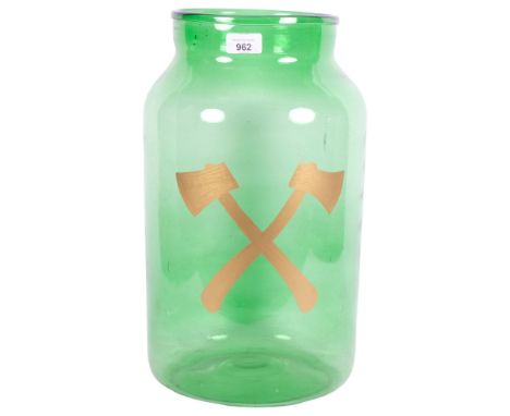 A large green glass vase, with gilded cross axe decoration, H43cm 