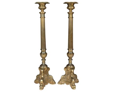A pair of Vintage Continental brass candlesticks, with mask decoration, H49cm 