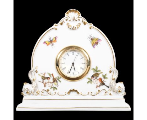 HEREND - a porcelain hand painted mantel clock with quartz movement, numbered 2956, H13cm, boxed 