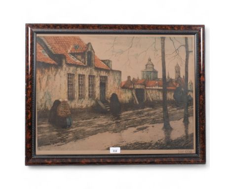 Julien Celos (1884 - 1953), street scene, coloured etching, signed and numbered in pencil, framed and glazed, overall 53cm x 