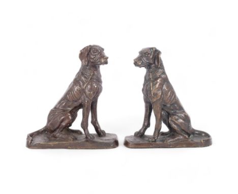 A pair of patinated cast-bronze hunting dogs, seated position on naturalistic base, H23cm 