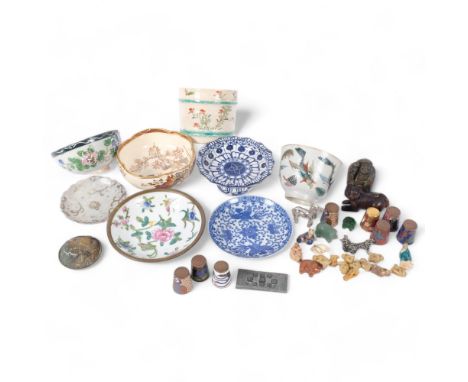 A Chinese enamelled tea bowl, a small Japanese Satsuma bowl, enamel thimbles, and other Oriental pieces 