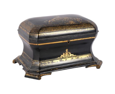 A Victorian gilded papier mache sarcophagus-shaped tea caddy, with inner lidsThere is an old repair to 1 of the hinges only v
