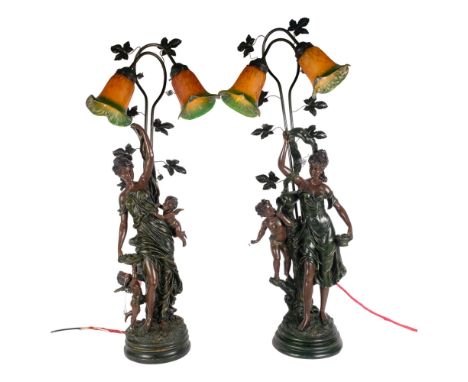 A pair of Art Deco style resin bronze figural table lamps, with coloured glass shades, H105cm, probably Austin Productions 