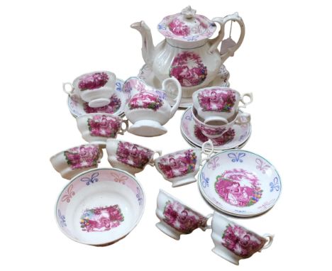 A Victorian lustre ware tea service for 9 people, including teapot, with printed designs of a lady and cat in a garden, teapo