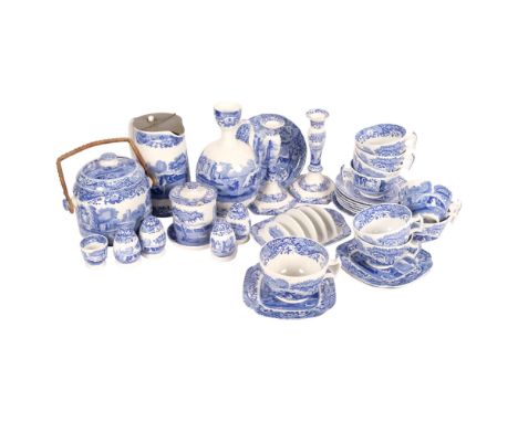 Spode Italian pattern biscuit jar and cover, H17cm, matching candlesticks, jug, cruet, toast rack, etc 