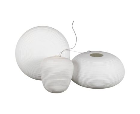 A Foscarini "Rituals" white glass pendant lamp, with white  ceiling rose, diameter approx 19cm, shade height 21cm, and a pair