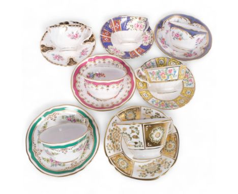 A selection of cabinet cups and saucers, including Hudson Middleton "Lady Sarah", Royal Crown Derby "Green Derby Panel", Spod