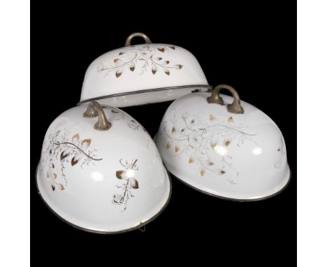 3 Vintage enamelled metal meat covers, with gilded floral decoration, each 38cm long 