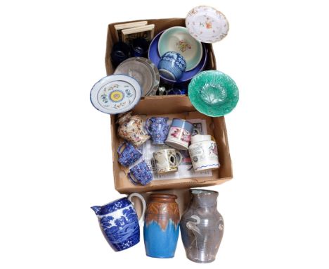 2 boxes of ceramics, including a Denby vase, Spode Tower jug, Ringtons teaware, Majolica, faience and Studio plates etc 