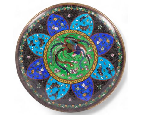 A large Japanese Meiji Period cloisonne and enamel charger, decorated with a bird of paradise and butterflies amongst foliage