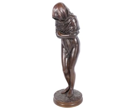 WINTER - A bronze sculpture of a nude lady with her head covered by a shawl, on naturalistic plinth, after Reme, H50cm, and a