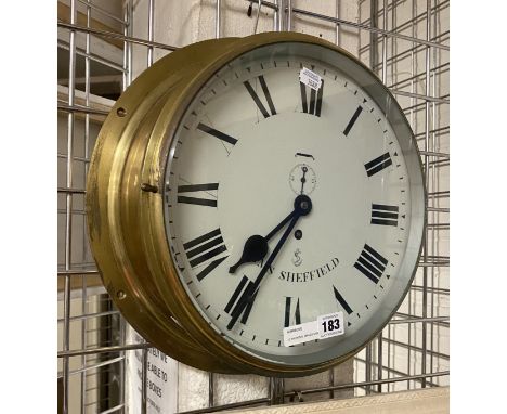 12 INCH DIAL BRASS SHIPS CLOCK - HMS SHEFFIELD 35CMS (H) X 35CMS (W) APPROX