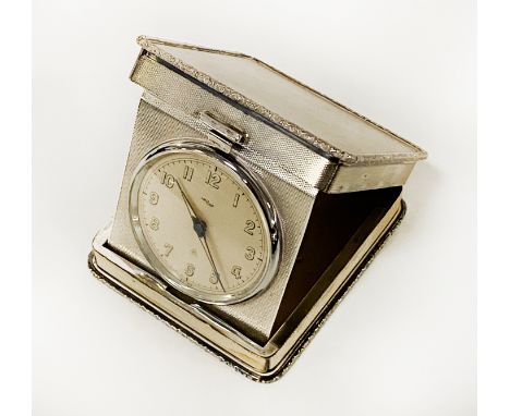 SILVER TRAVEL CLOCK, ENGINE TURNED BY IMHOF