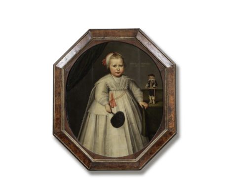 Dutch School, 1639Portrait of a child, full-length, in white costume, with a male figurine bears inscription 'AETAT: 27 Maene