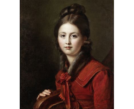 Swiss School, early 19th CenturyPortrait of a girl, half-length, in a red, fur trimmed dress oil on canvas53.6 x 46.6cm (21 1