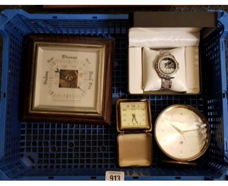 SQUARE ANEROID BAROMETER, TRAVEL ALARM CLOCK, A SWIZA CALENDAR CLOCK & A GENTS STAINLESS STEEL SWISS BALANCE CHRONOMETER WATC