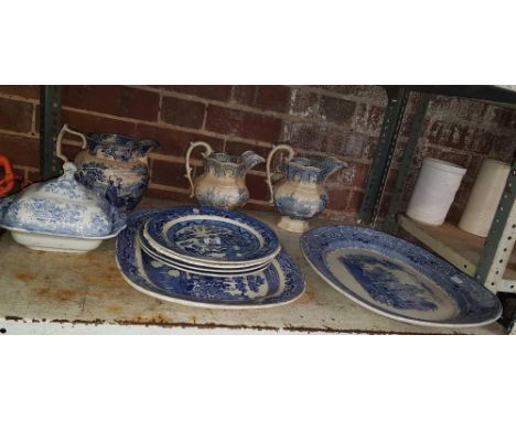 SHELF OF MISC BLUE & WHITE CHINA INCL; JUGS & MEAT PLATES