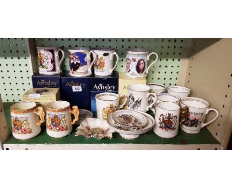 SHELF OF ROYAL COMMEMORATIVE AYNSLEY MUGS ETC