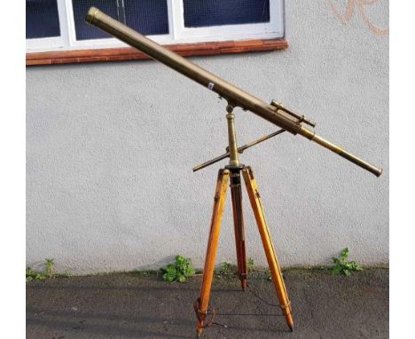 BRASS TERRESTRIAL TELESCOPE ON TRIPOD, MAIN CYLINDER 45" LONG