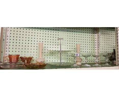 SHELF OF DESSERT GLASSES, CAKE DISH ETC