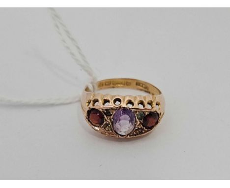 9ct AMETHYST & GARNET RING, (2 STONES MISSING), SIZE 'L'