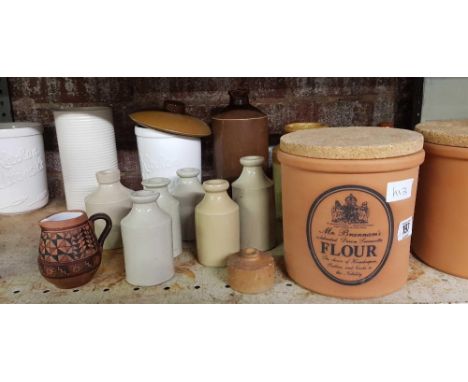 SHELF OF STONEWARE BOTTLES & CONTAINERS & TERRACOTTA POTS